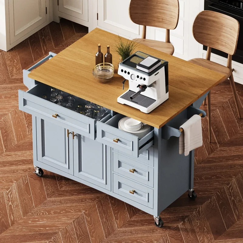 

Blue Grey Kitchen Island on Wheels with Drop Leaf, Spice & Towel Racks, 2 Doors, 5 Drawers, Adjustable Shelf