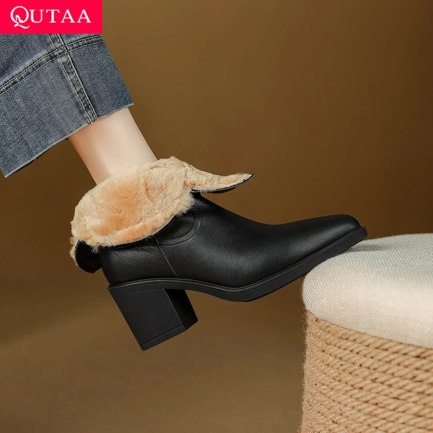 

QUTAA News Fashion Cow Leather Women Ankle Boots Wool Warm Winter Shoes High Heels Snow Boots Sexy Pointed Toe Short Boots 34-40