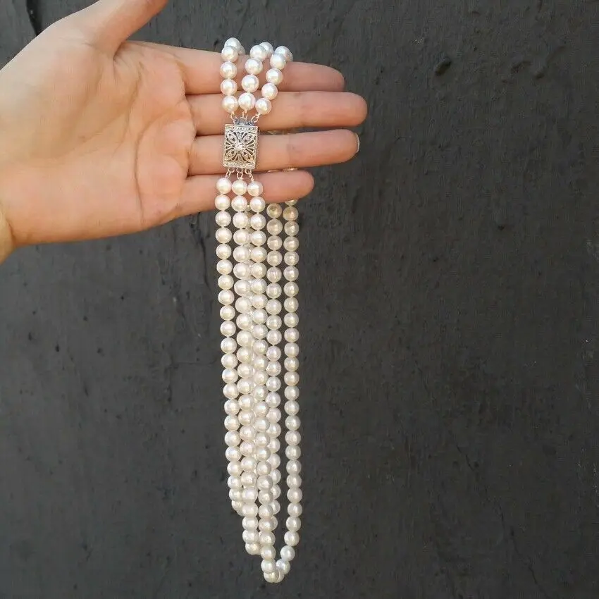 Classic 3-strand natural 7-8mm circular South China Sea white pearl necklace 18 inches 19 inches 20