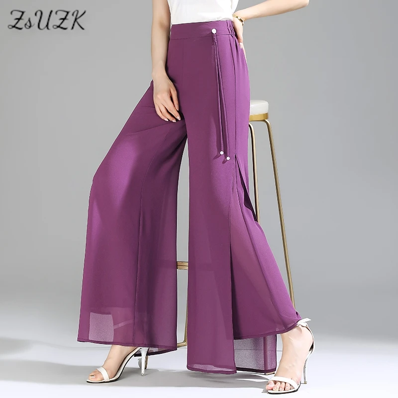 

ZUZK Double Layer Chiffon Pants Fashion Slit Chiffon Pants Spring Summer Comfortable Elastic Waist Slim Chic Droop Pants