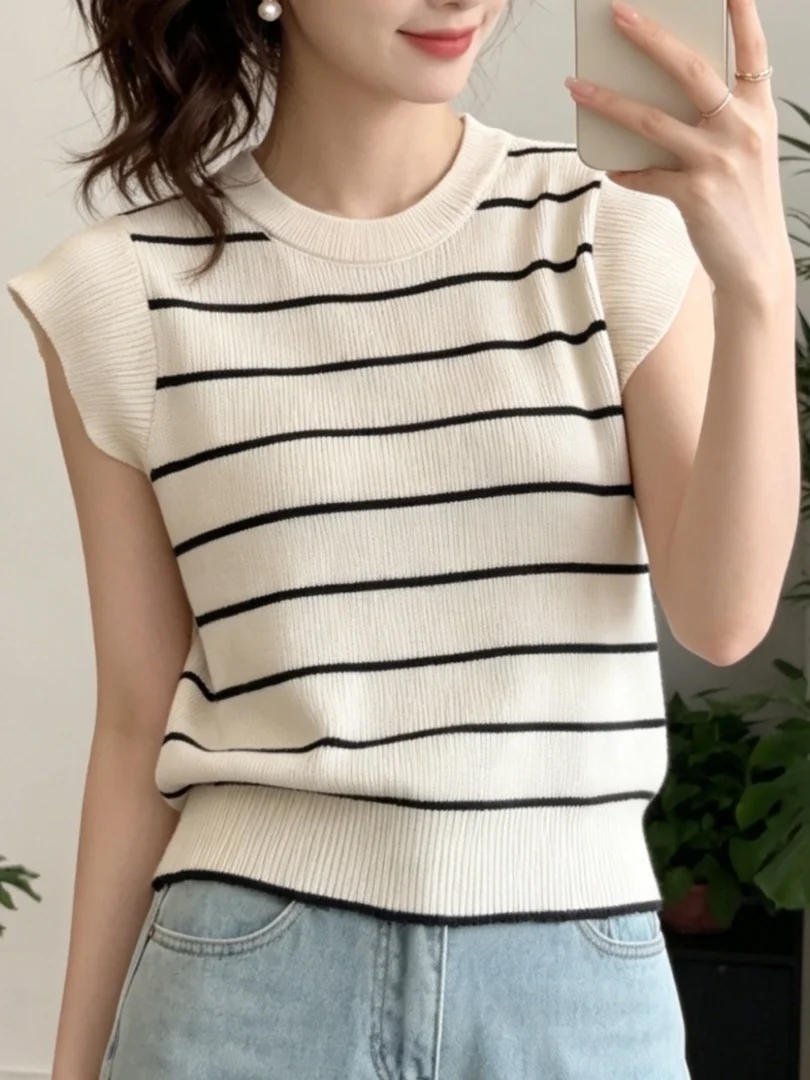 

Casual Knitted Short Sleeve T-Shirt Women's Summer New Style Commute Anti-Aging Versatile Overhead Shirt Stripe Pattern round...