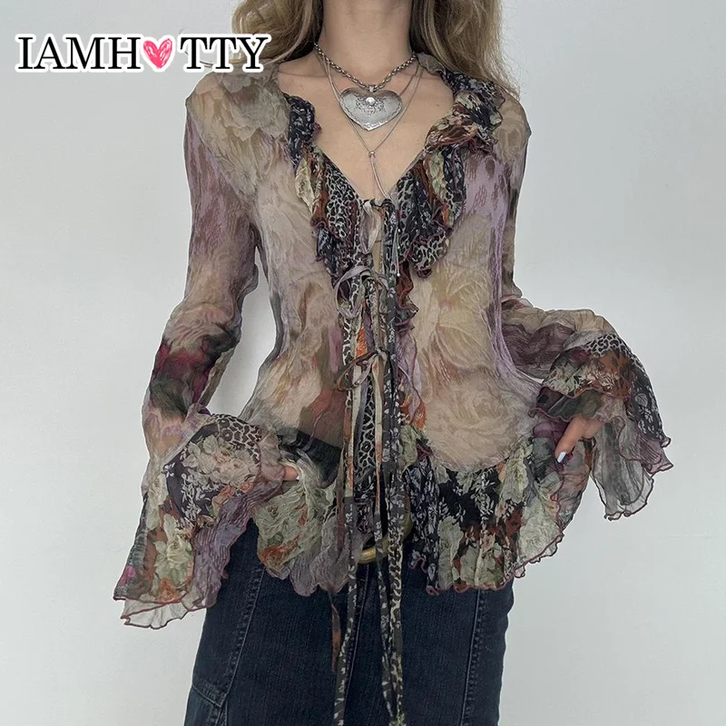 

IAMHOTTY Vintage Floral Print Mesh Top Sexy See Through Ruffle Tie-up V-neck T-shirts Coquette Tiered Flared Long Sleeve Tops