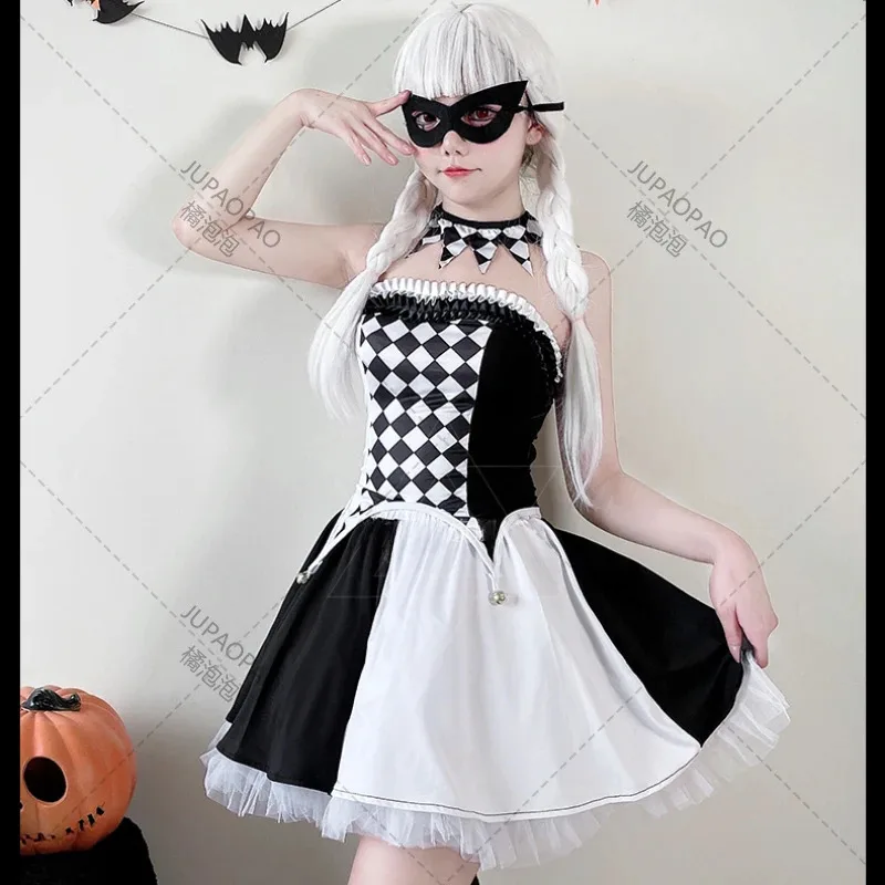 Disfraces de circo de Halloween para mujer, disfraz de Anime japonés Lolita, vestido de fiesta, uniforme a cuadros de juego de rol de payaso para colegiala 2024