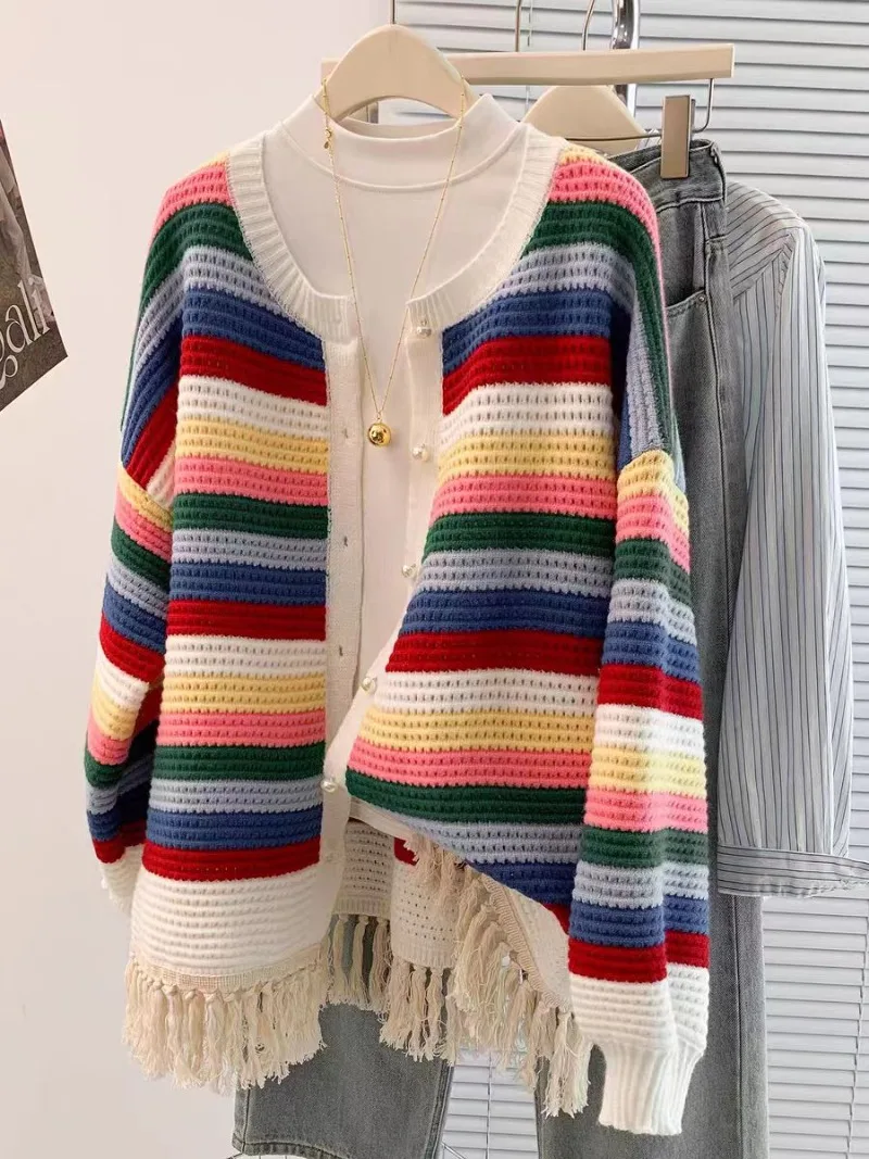 المرأة بالأزرار قوس قزح شريط محبوك سترة للنساء جديد الجوف خارج كم طويل شرابة واحدة الصدر مخطط أبلى جديد #3