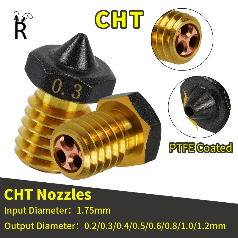 3D Printer Nozzle CHT High Flow Nozzle PTFE Coated Non Stick 0.2mm-1.2mm For 1.75MM Filament CR10S Ender-3 Extruder Printer Head