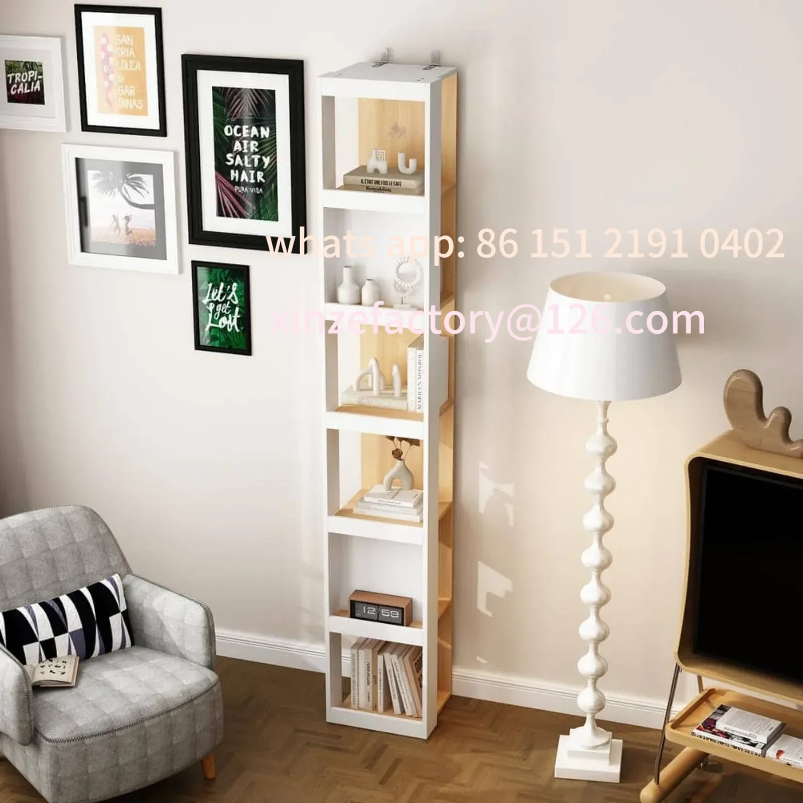 

Customizable drewniany, 6-poziomowy regał z półkami, szafka akcentująca, wysoka i cienka narożna szafka do przec