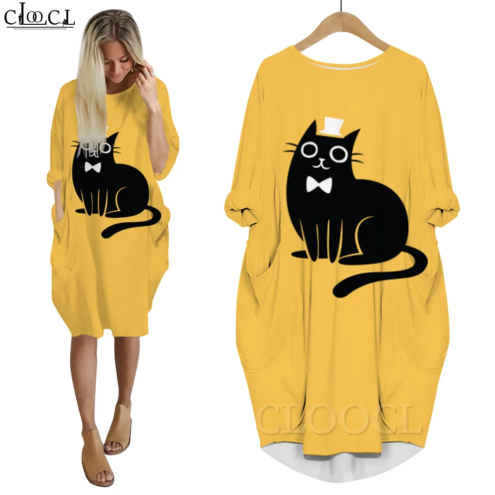 

CLOOCL Women Dress Casual Fashion Long Sleeves Gown Pocket Dresses Gentleman Black Cat Series Pattern Printing Baggy Robe