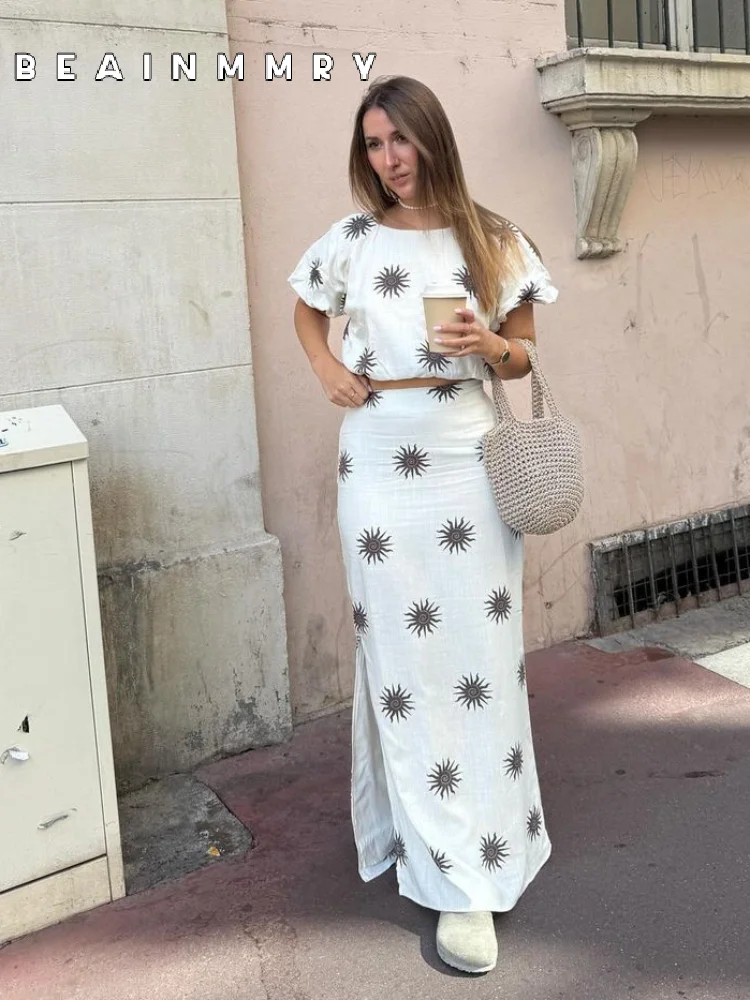 Elegant Printed High Waist Long Skirt Suit Chic Short Sleeve Round Neck Open Fork Tops Set New Lady Summer Holiday Beach Outfits