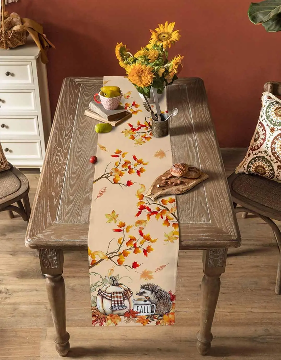Fall Hedgehog Pumpkins Linen Table Runner Thanksgiving Decoration Washable Autumn Maple Leaves Table Runners Kitchen Party Decor
