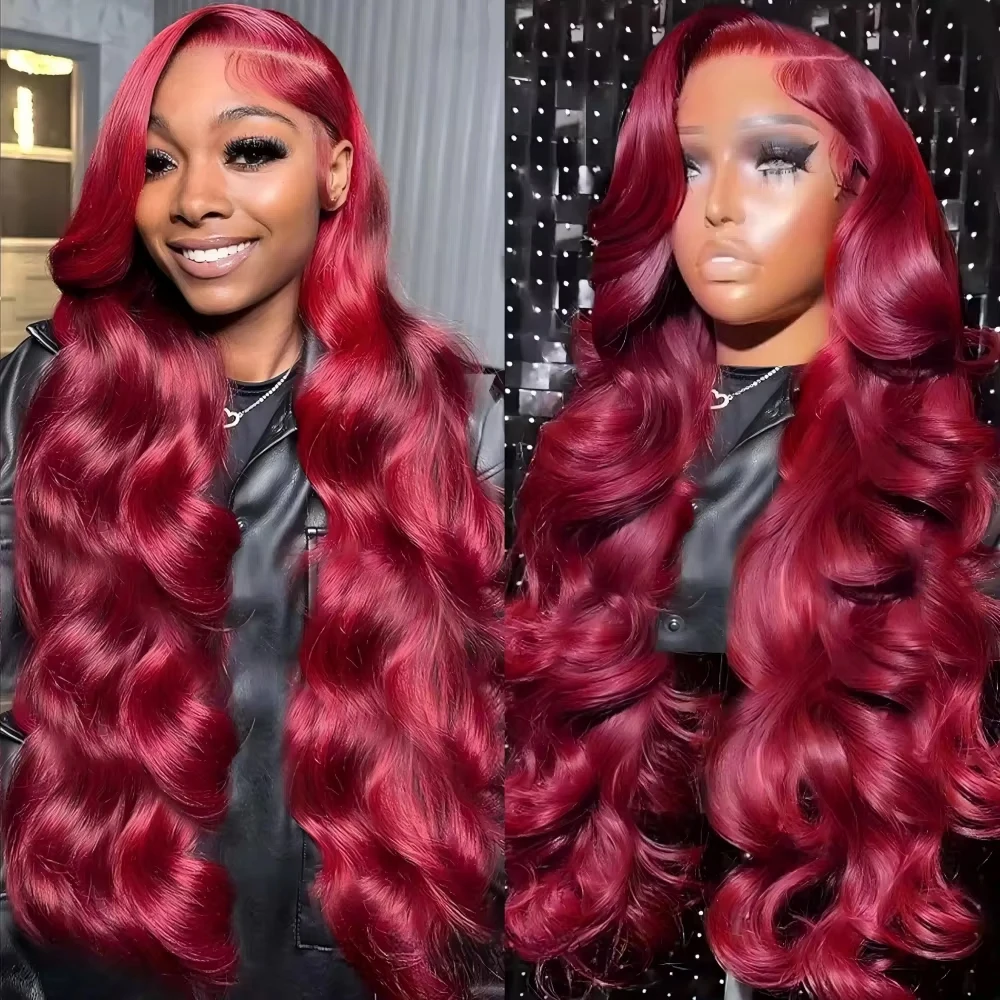 200 180 Density 99J Burgundy Body Wave HD 13x6 13x4 Human Hair 36 18 Inch Lace Front wig Wine Red Colored Brazilian