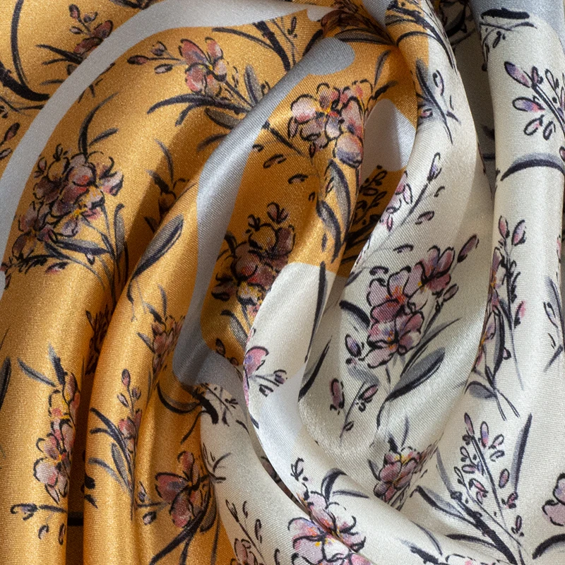 Women's 100% Mulberry Silk Square Scarf 53x53cm Yellow White Floral Print Versatile Neck Bandana for Fashion Accessories
