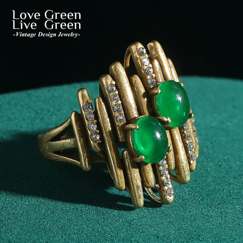 

Vintage Green Rings Stone Oval Natural Open Rhinestones Gold Color Designer For Woman Accessories Luxury Quality Jewelry 2025