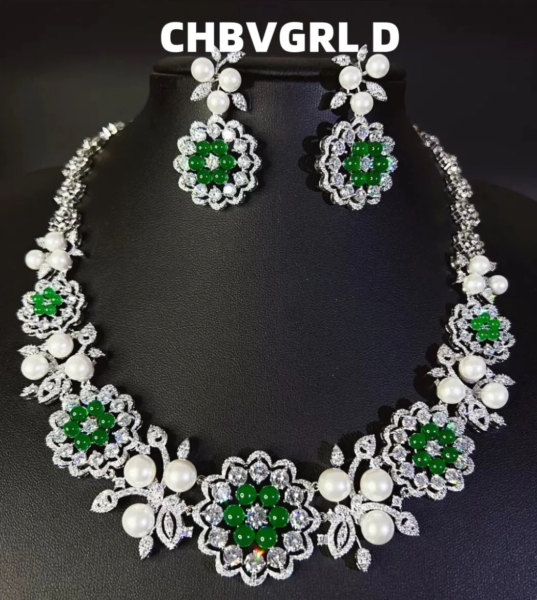 

[Classic] Retro green flower with zircon pearl necklace and earrings set, wedding dress accessories, brid Middle Eastern zircon