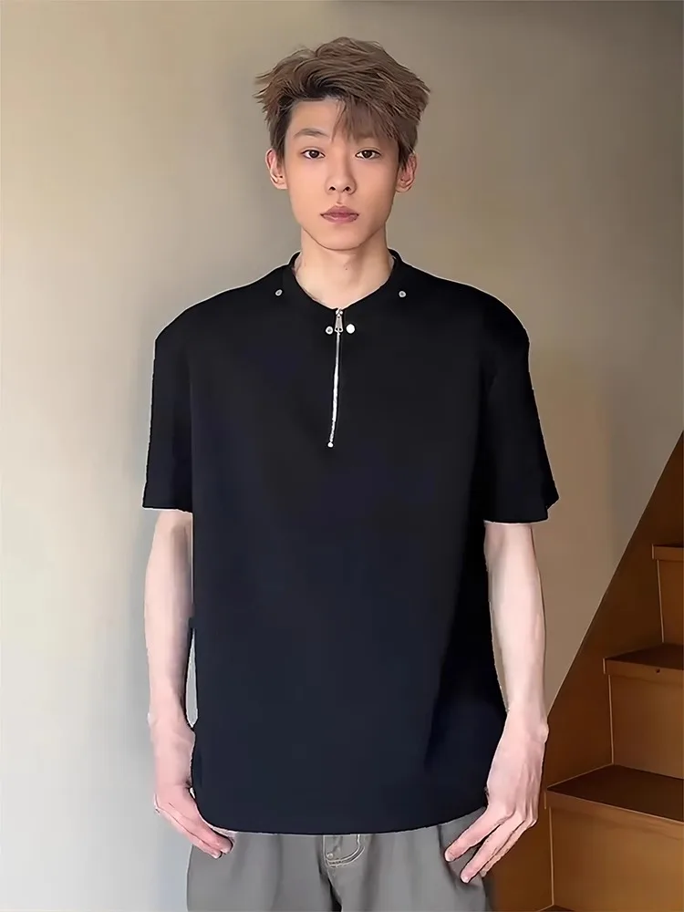 

Heavyweight ort Sve T-irt Henry Collar f Zip Design Rivet American High Street Sle Summer Faion Casual Wear