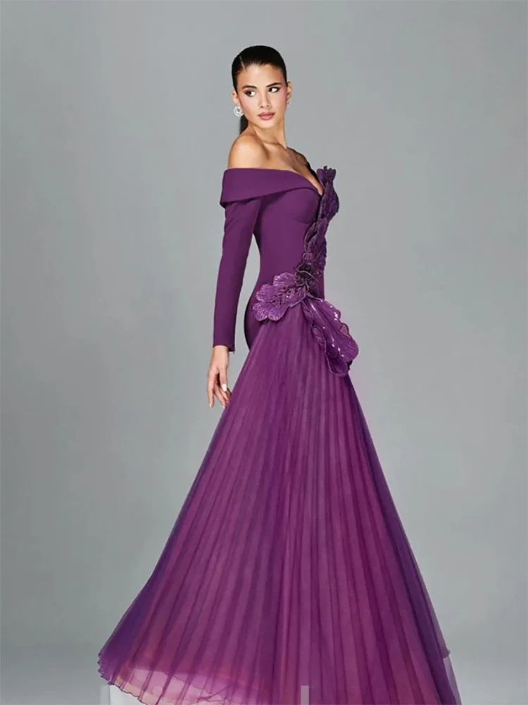 Vestidos de fiesta con cuentas de encaje de sirena púrpura, vestidos formales de noche para fiesta y compromiso