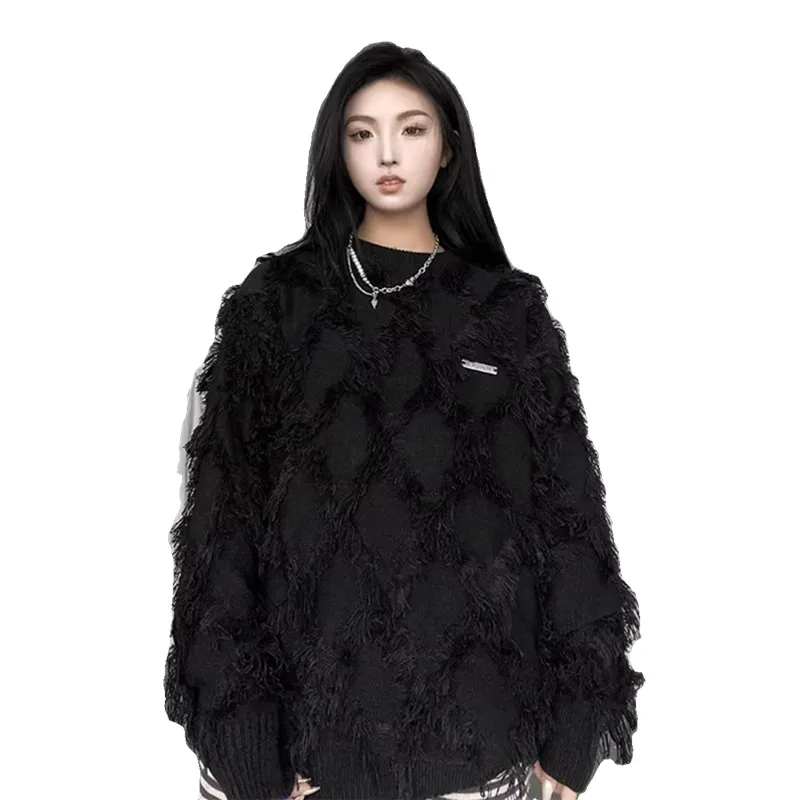 سترة متماسكة غير رسمية بلون نقي للرجال والنساء مقاس كبير 300 Pou للخريف والشتاء هونج كونج Sle ريترو شرابة محبوكة irt