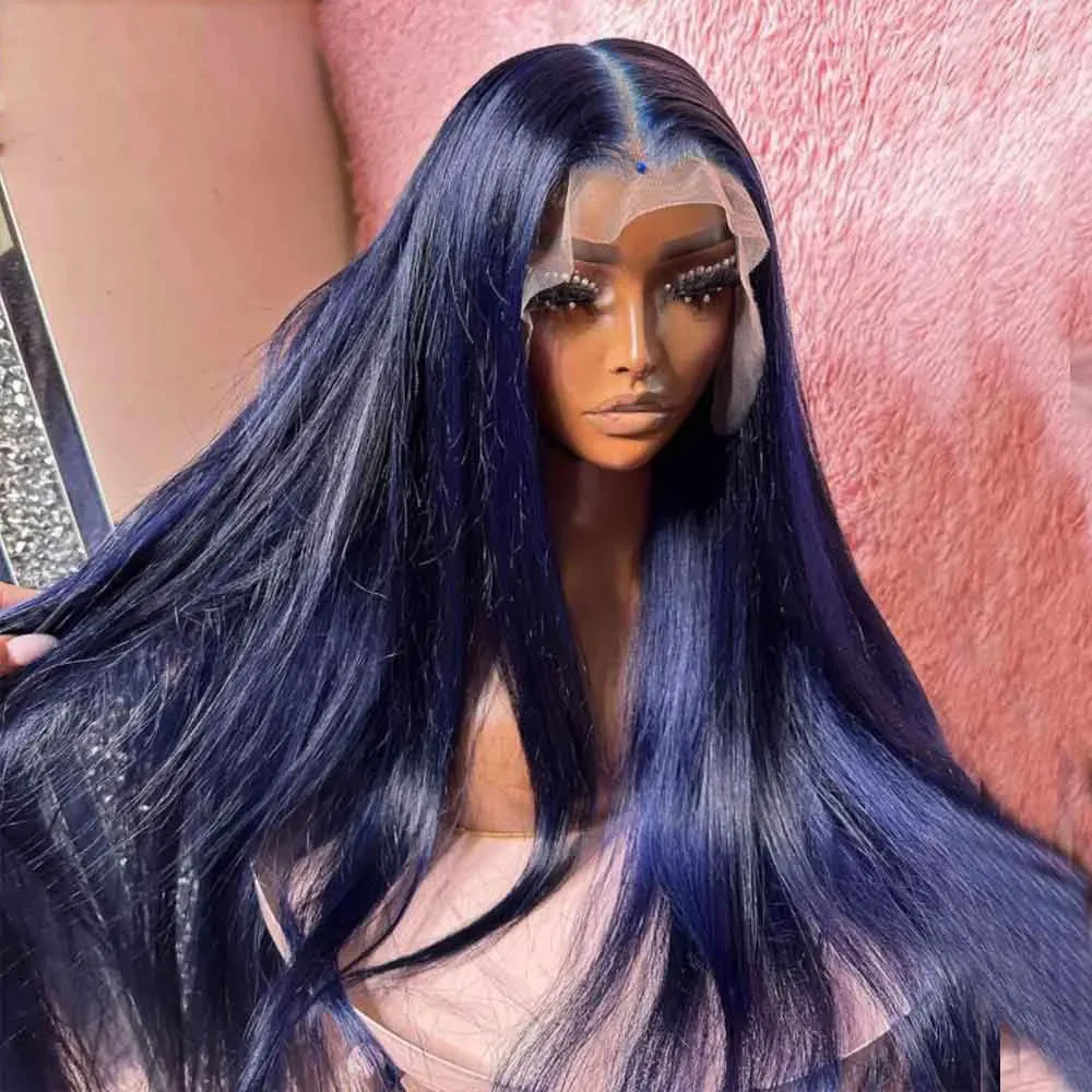 Wig renda dalam 26 inci lurus halus tanpa lem panjang dengan ketebalan 180 biru lembut untuk wanita dengan rambut bayi prepped harian