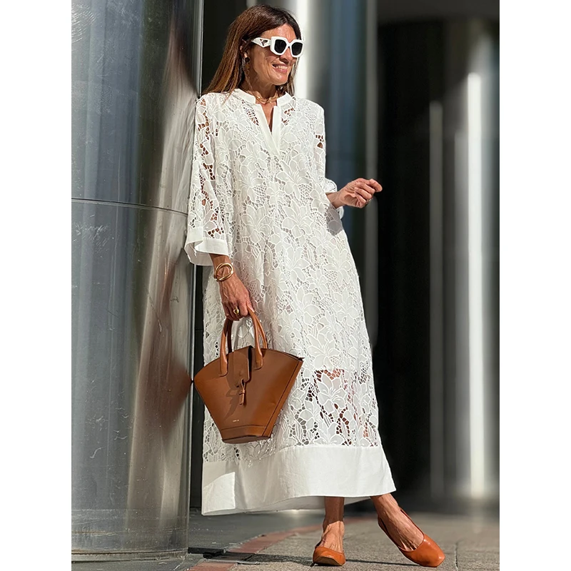 

Krisnanas Hollow-out White Beach Dresses for Women 2024 New Arrival H-Line Loose Hollow V-Neck Maxi Dresses for Travel