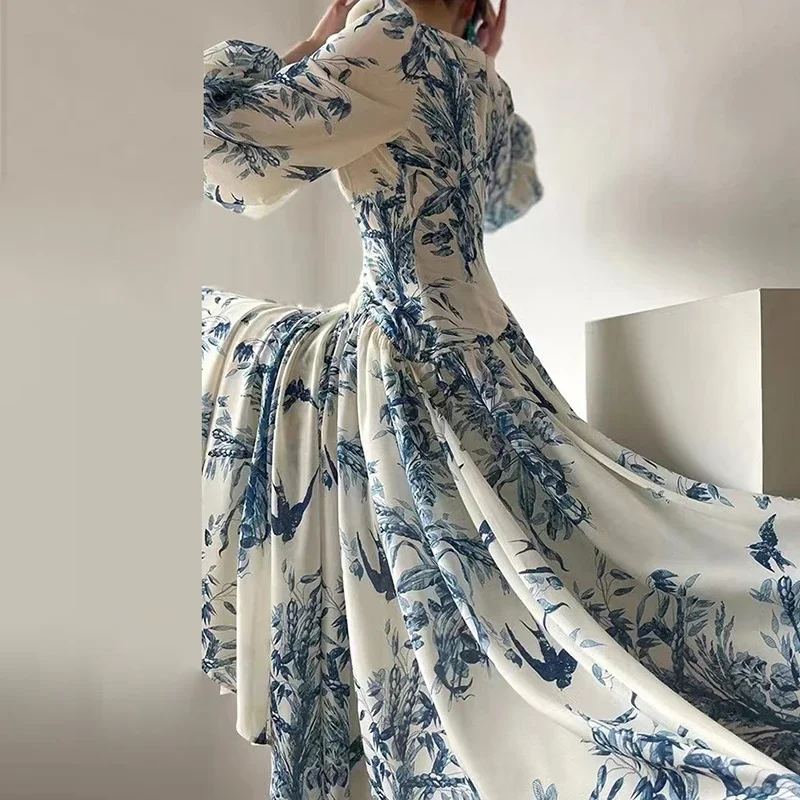 French Vintage Dress Women 2024 Spring V Neck Beaded Empire Chiffon Long Dress Autumn Printed Lantern Sleeve Hem Boho Maxi Dress