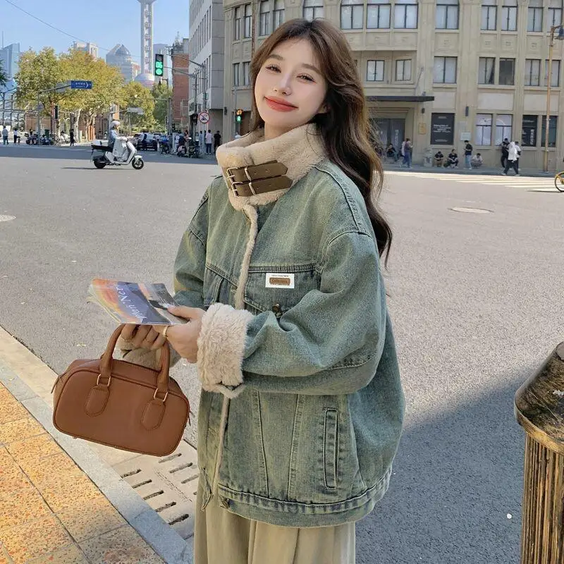 Abrigo de vaquero americano para mujer, Parka gruesa con forro polar de invierno, Chaqueta de algodón holgada, prendas de vestir exteriores, abrigos cálidos informales, 2025