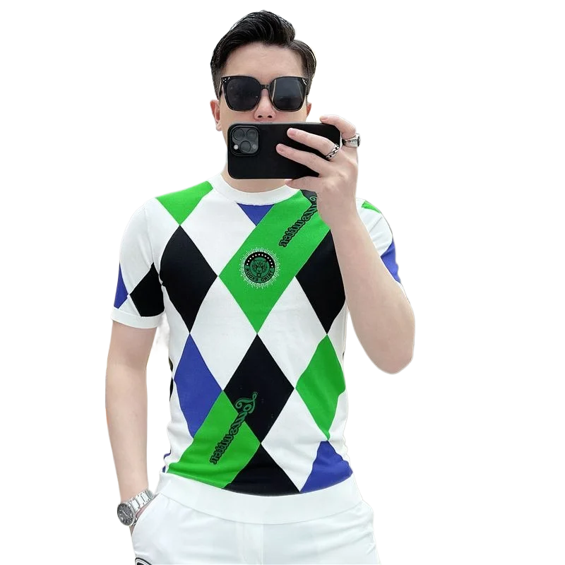 Men's Clothing Summer New high quality Fashion Letter Plaid Printing Casual All-match Thin Ice Silk Short-sleeved T-shirts