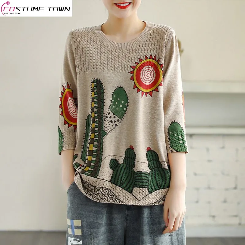 

Spring and Autumn Loose Large Print Top 2023 New Round Neck Pullover Top with 3/4 Sleeve Cotton Thread Knit Top