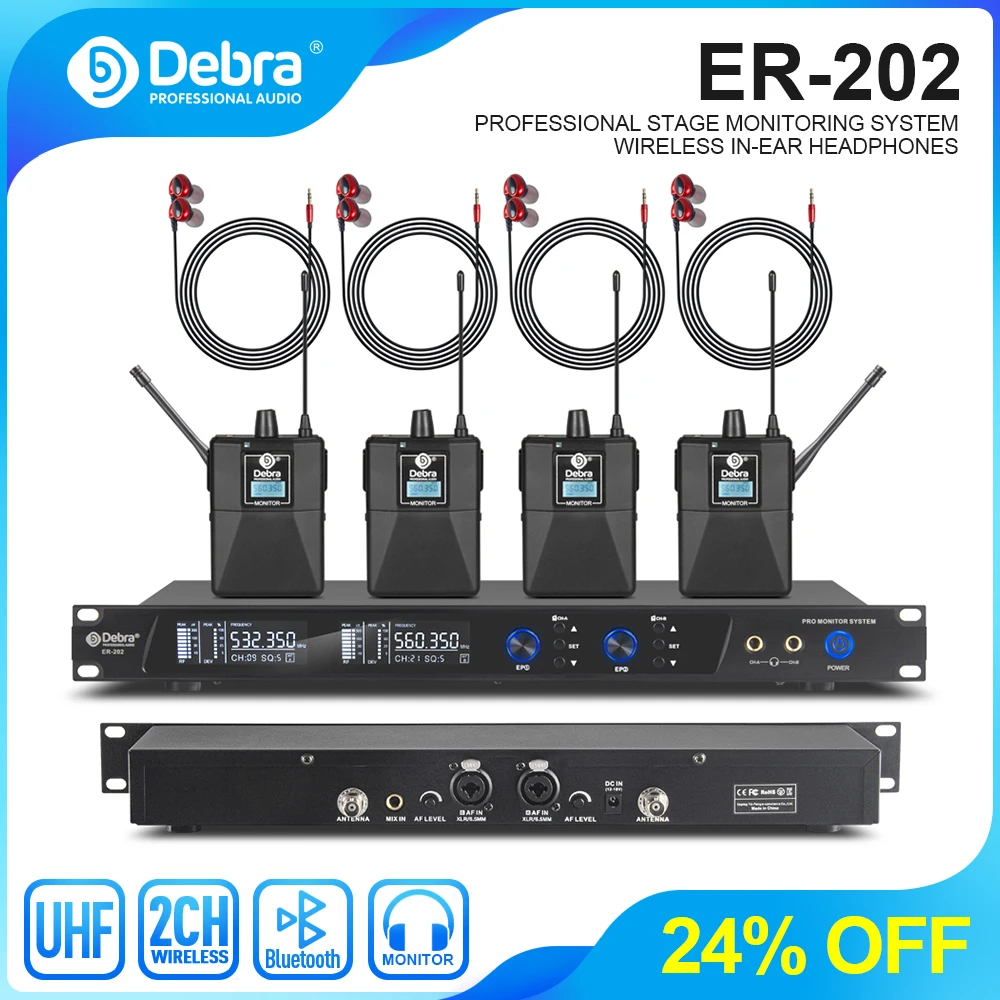 Debra UHF IEM ER-202 Wireless In Ear Monitor System Stage Audio With Multiple Transmitter For Stage Performance Singer