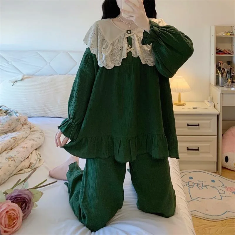 Pyjama en coton à manches longues avec col beurre vert, vêtements de nuit en dentelle, ensemble de chemise de nuit grande taille, vêtements de