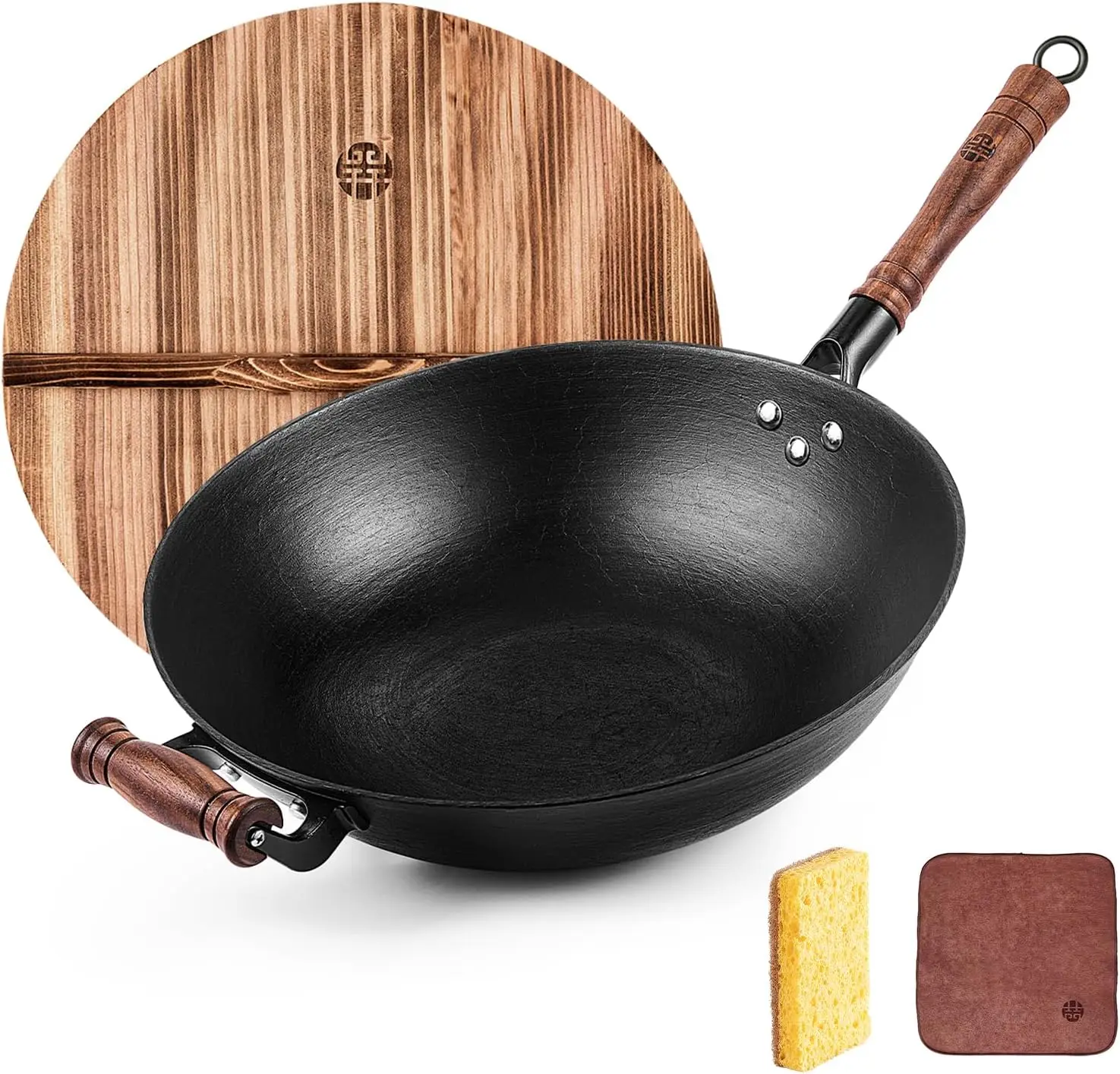 

12-Inch Cast Iron Wok Pan with Lid, Flat Bottom Wooden Handle for All Cooktops, Includes Free Dishcloth and Brush