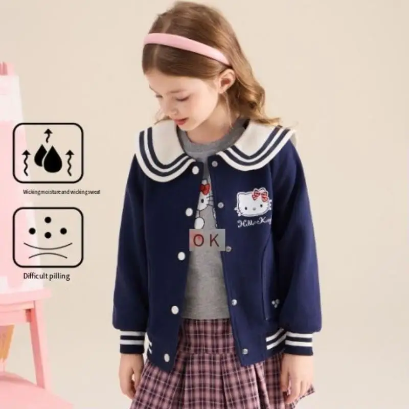 Hello Kitty New Spring Motion Loose Coat Sanrio Kuromi Kawaii Children Navy Wind Flip Collar Sportswear Cardigan Cartoon Gift