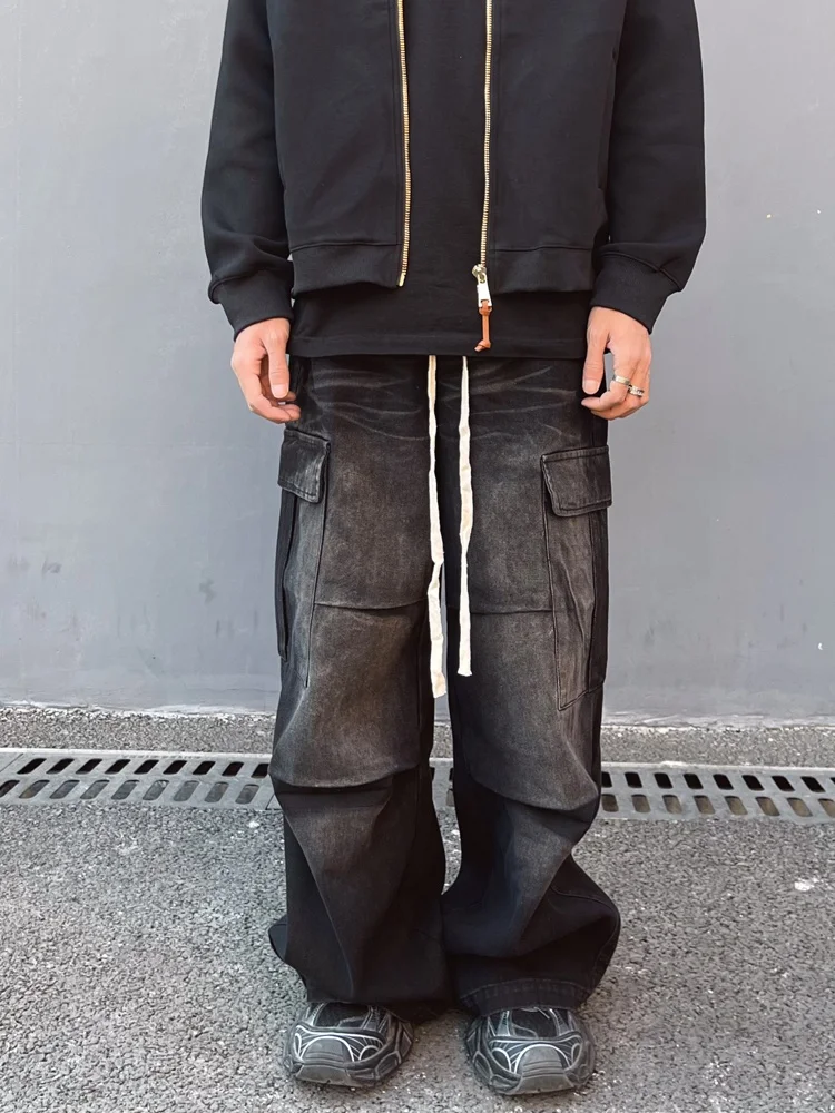 

American Retro Waed Wide Leg Men's Jeans Elastic Waist with Big kets Casual Loose Long Trousers Trendy Straight Cut