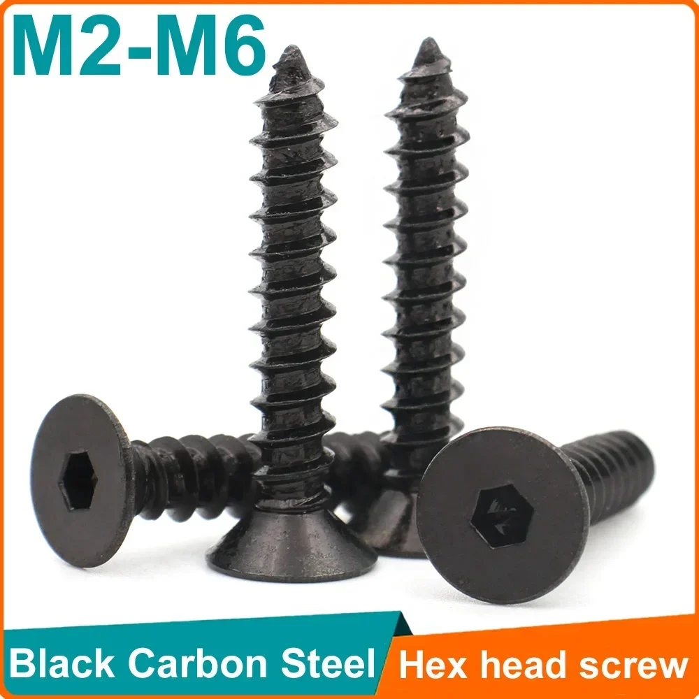 10-100 Uds. Tornillo autorroscante de cabeza avellanada plana hexagonal de acero al carbono negro M2 M2.3 M2.6 M3 M4 M5 M6 torni