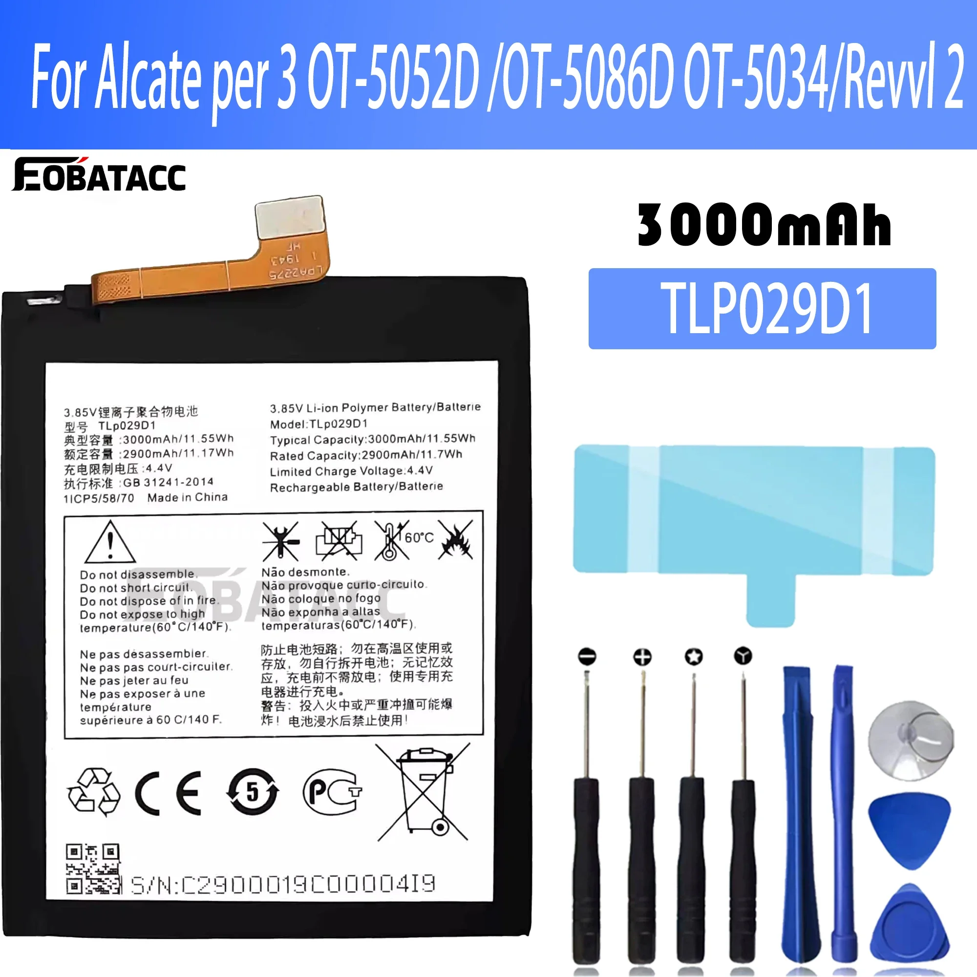 100% New Original Battery TLP029D1 For  Alcatel per 3 OT-5052D OT-5086D  OT-5034/Revvl 2 Battery + Free Tools