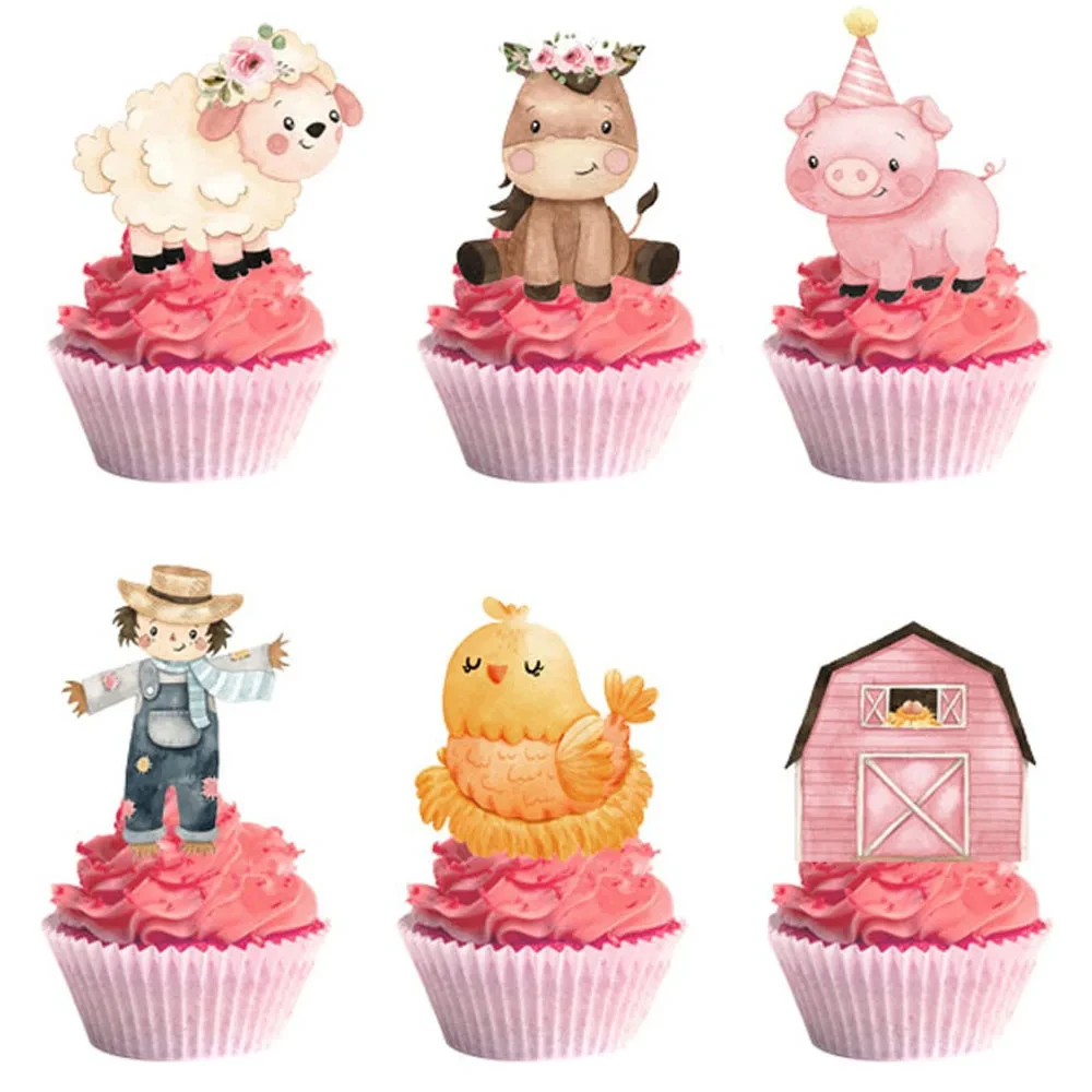 Girl Pink Farm Cupcake Topper Farm Animals Themed Cake Toppers Party Decortion Baby Shower Kids Birthday Barnyard Party Supplies