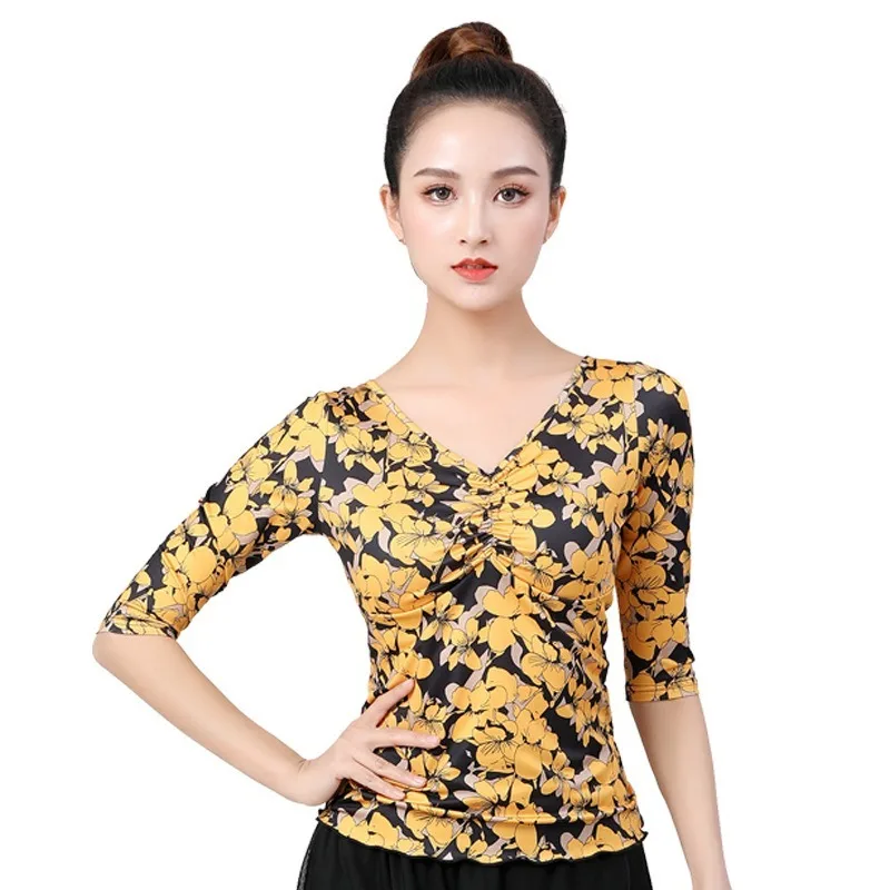 ชุดเต้นลาติน เสื้อซ้อมเต้น แขนกลาง คอวี สำหรับผู้หญิง ชุดเต้นโมเดิร์น ชุดเต้นไลน์แดนซ์ ชุดซัมบ้า ชุดคาร์นิวัล