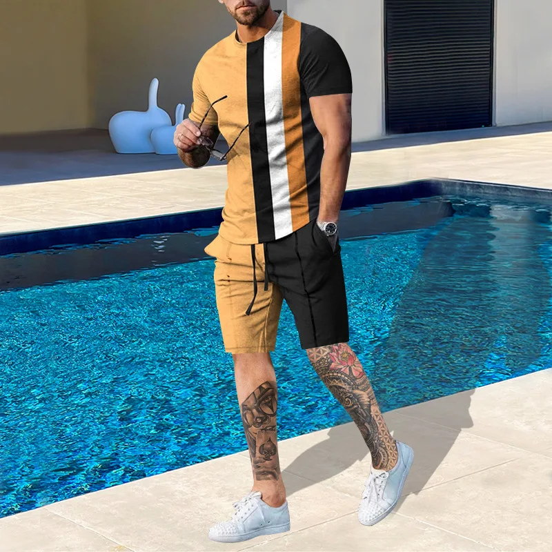 Traje de moda de verano para hombre, conjunto de pantalones cortos de playa informales, camiseta de manga corta a rayas con estampado 3D, trajes de 2 piezas con cuello redondo, ropa para hombre