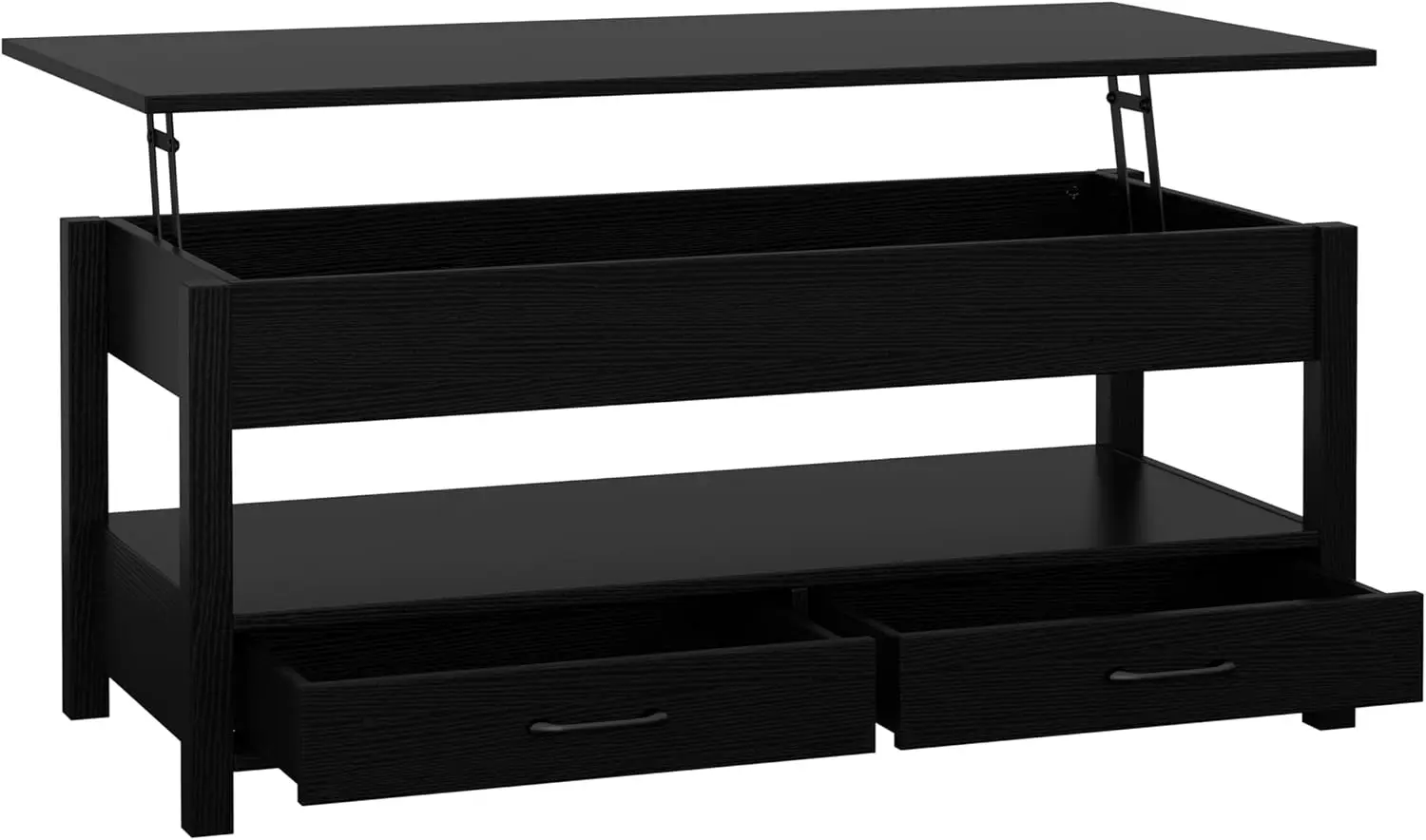 Levante Top Coffee Table com compartimento escondido, 2 gavetas e 1 prateleira aberta, preto