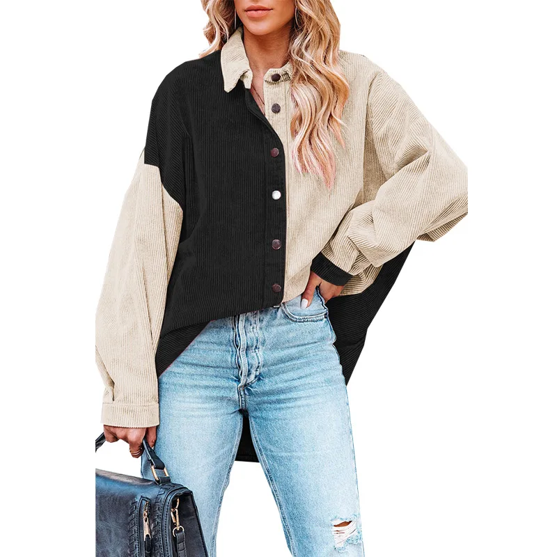 レディース カラーブロック コーデュロイ ルーズ シャツジャケット インテリジェントスタイル 長袖 ビジネス レディースファッション 春コレクション