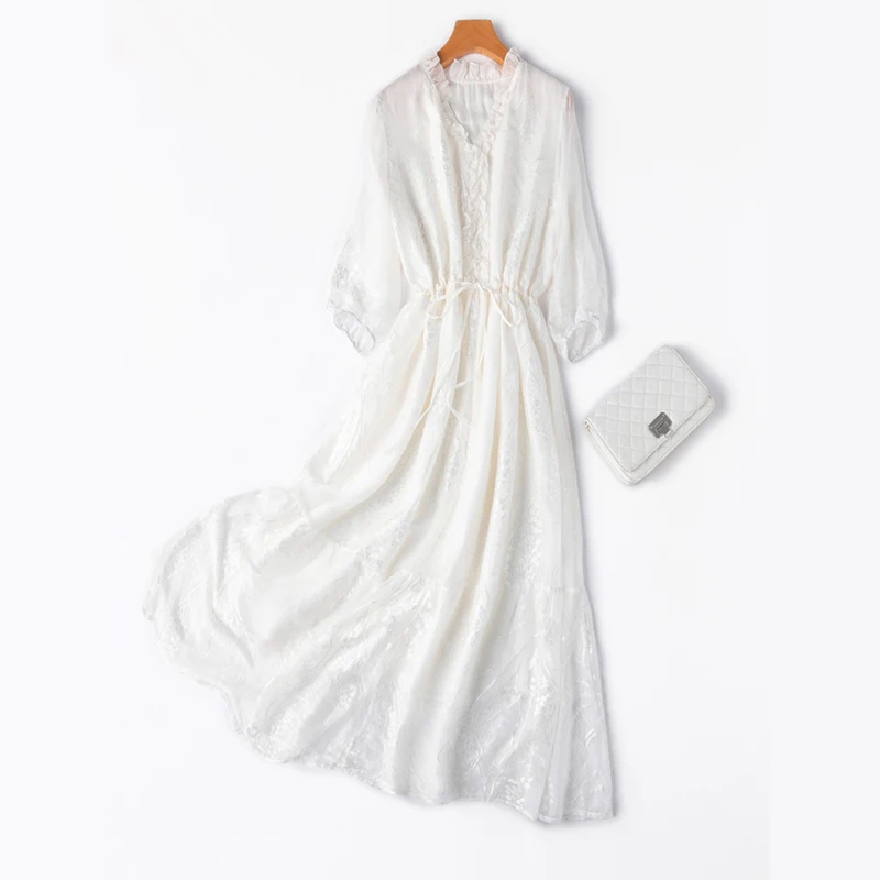 

Женское платье миди из 100% тутового шелка с подкладкой, белое платье с вышивкой и оборками, длинное платье с поясом на талии, офисное женское платье M1217