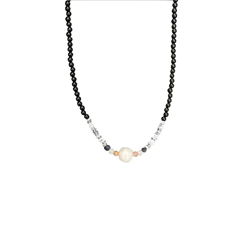 

S925 Sterling Silver Pearl Black Agate Double Piece Necklace with Black and White Design for Women's Clavicle Chain