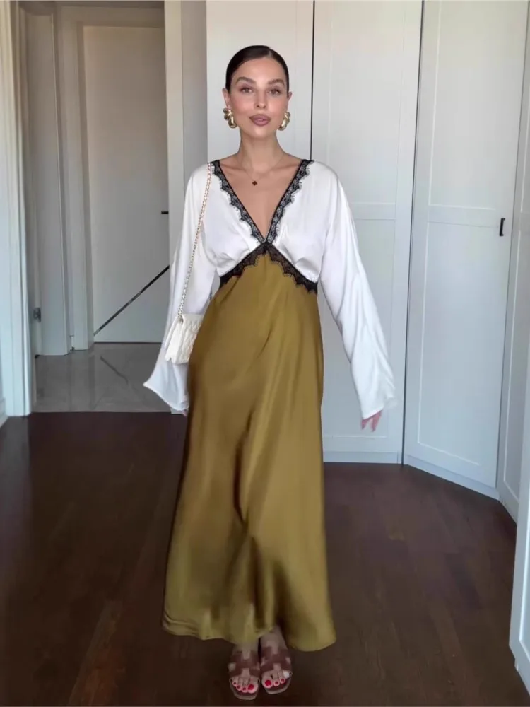 

New Lace Patchwork Long Sleeved Autumn Dress Sexy V Neck High Waist Women's Robe Dress New Elegant Color Blocked Party Dresses