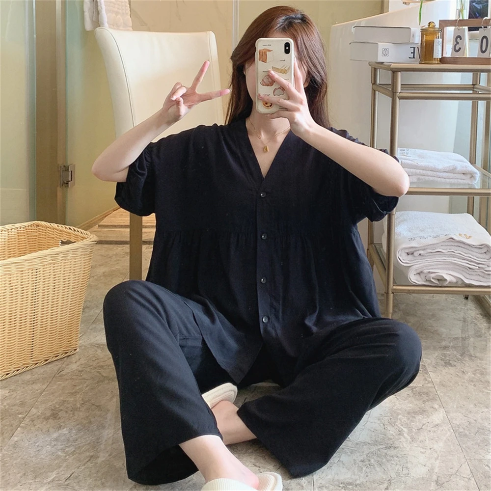 Women\'s Casual Short Sleeves Pants Pajamas Set Spring Summer Thin Loose Large Size Ladies Home Clothes Two-piece Sleepwear Suit