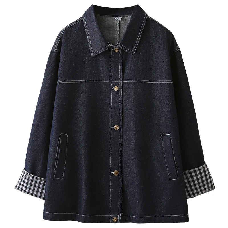 

Женская джинсовая куртка больших размеров, модное однобортное джинсовое пальто со свободными манжетами и клетчатыми рукавами, осень 2025 г.