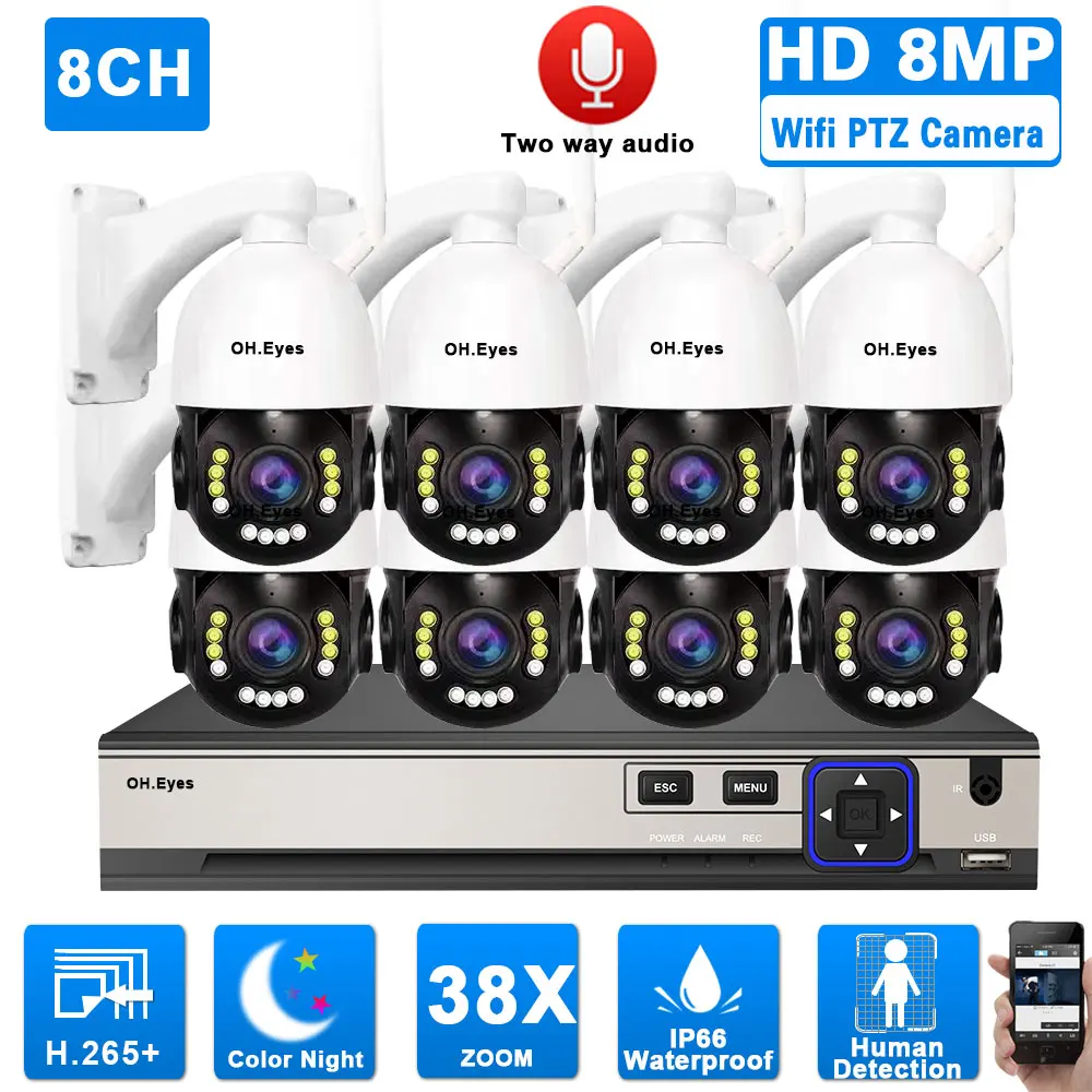 

4K CCTV Camera Security System Kit POE Color Night Vision 38X Zoom Wifi PTZ Camera with 8CH POE NVR Security System 8MP XMEYE