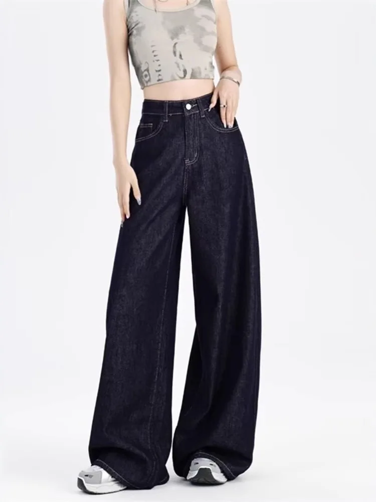 

Loose Fit Straight Leg Blue Jeans Artistic Vintage High Waist Long Pants Casual Comfortable Floor Length Drapey Lazy Style