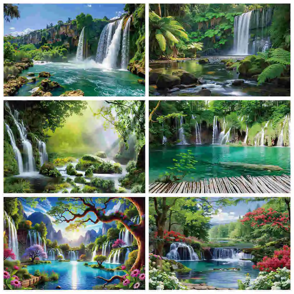 

MOON.QG Spring Jungle Waterfall Backdrop Forest River Birthday Outdoor Green Tree Photography Background Woodland Party Decor