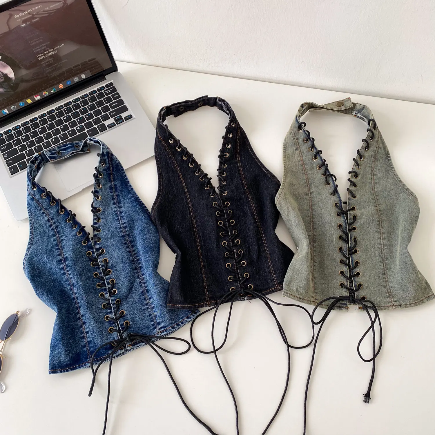 Retro Hater Denim Criss-cross Bandage Corset Bustier Sexy Camis  Tank Top Slim  Summer Women Hotsweet Crop Top Streetwear