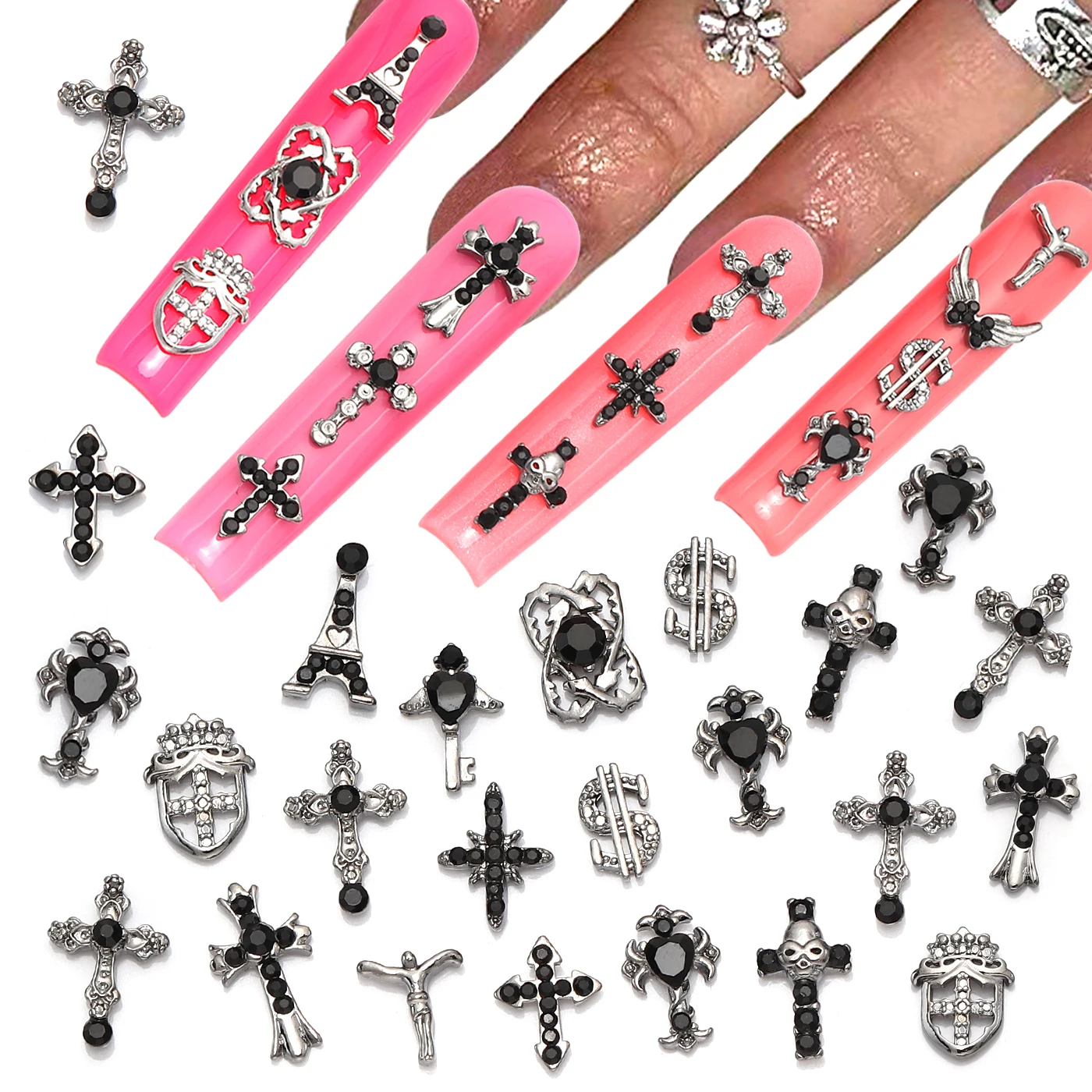 10pcs/Pack of Luxury Dark Cross Nail Art Jewelry DIY Shiny Zircon Diamond Rhinestone Charm For Diamond Nail Accessories Supplies