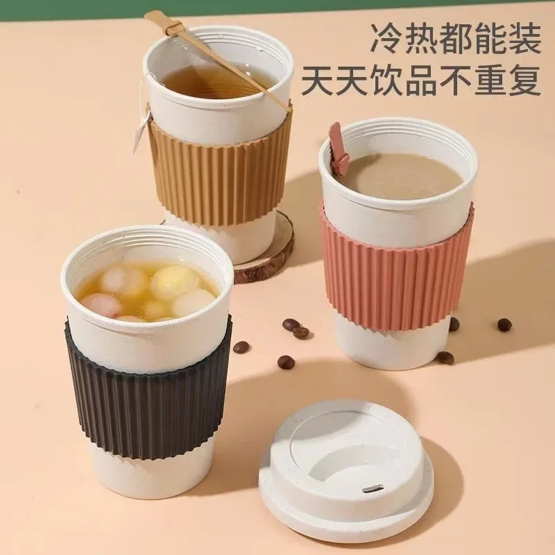 450ML Coffee Cups With Lids Wheat Straw Reusable Portable Cup Dishwasher Safe Mug Tea Travel