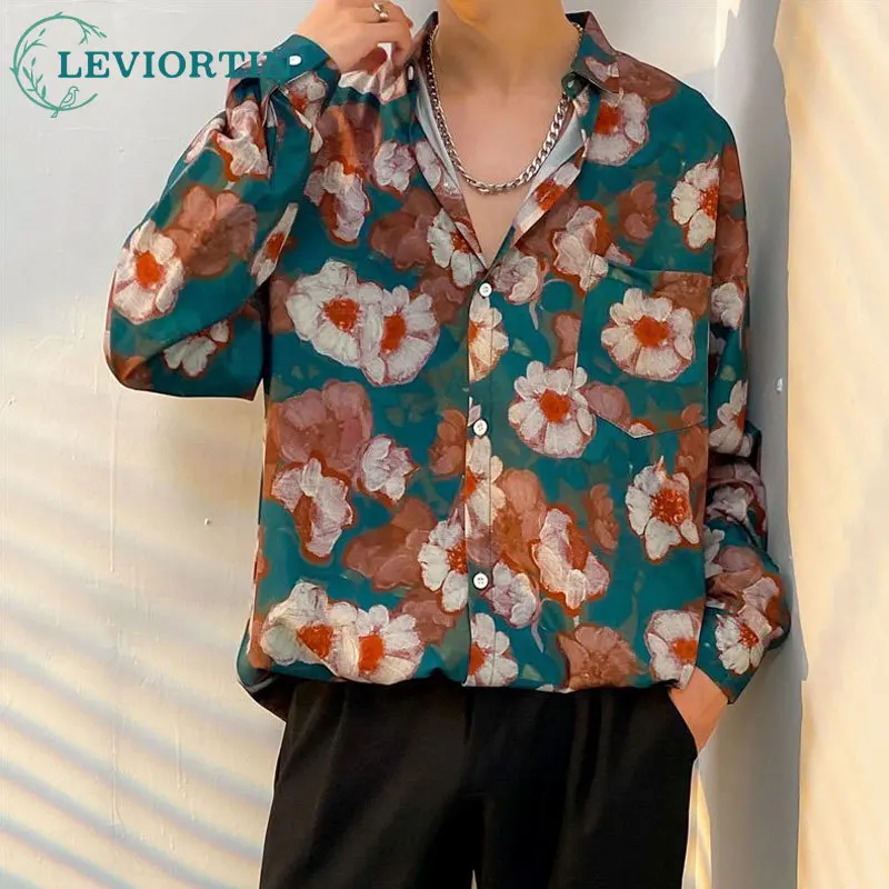 Fashion Men's Long Sleeve Flower Shirt Brand Hawaiian Style Loose Versatile Full Print Streetwear Handsome Shirt For Man Clothes